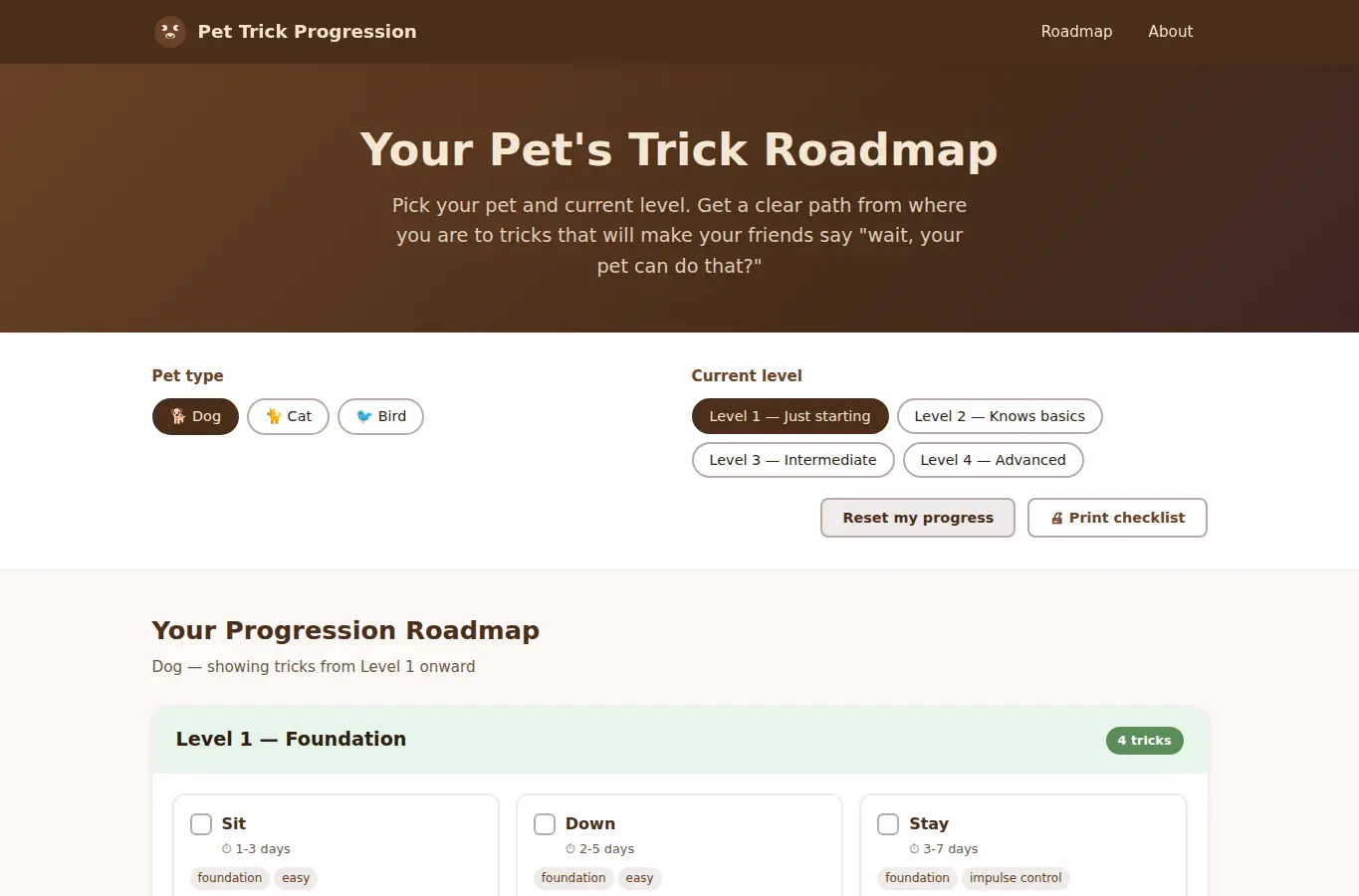 Screenshot of Pet Trick Progression interface showing the project page in use